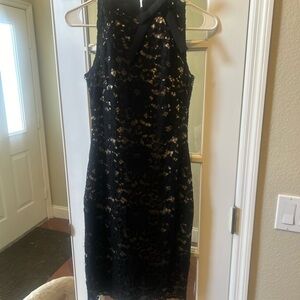Vince Camuto size 2 lace over nude, black, sleeveless dress to the knee.